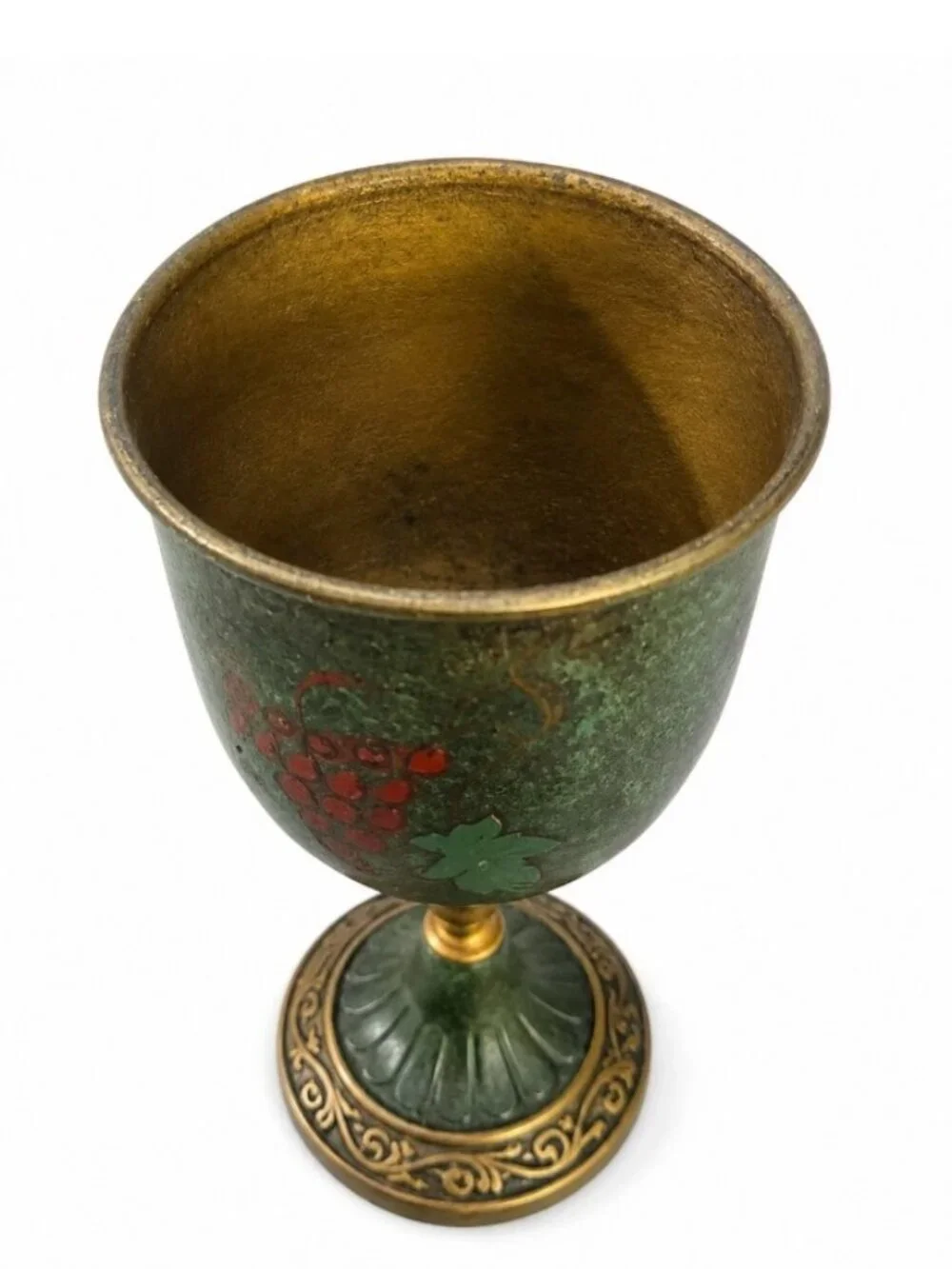Vintage IVANROS Tijuana Mexico Metal Chalice Goblet Green Gold Grape Patina